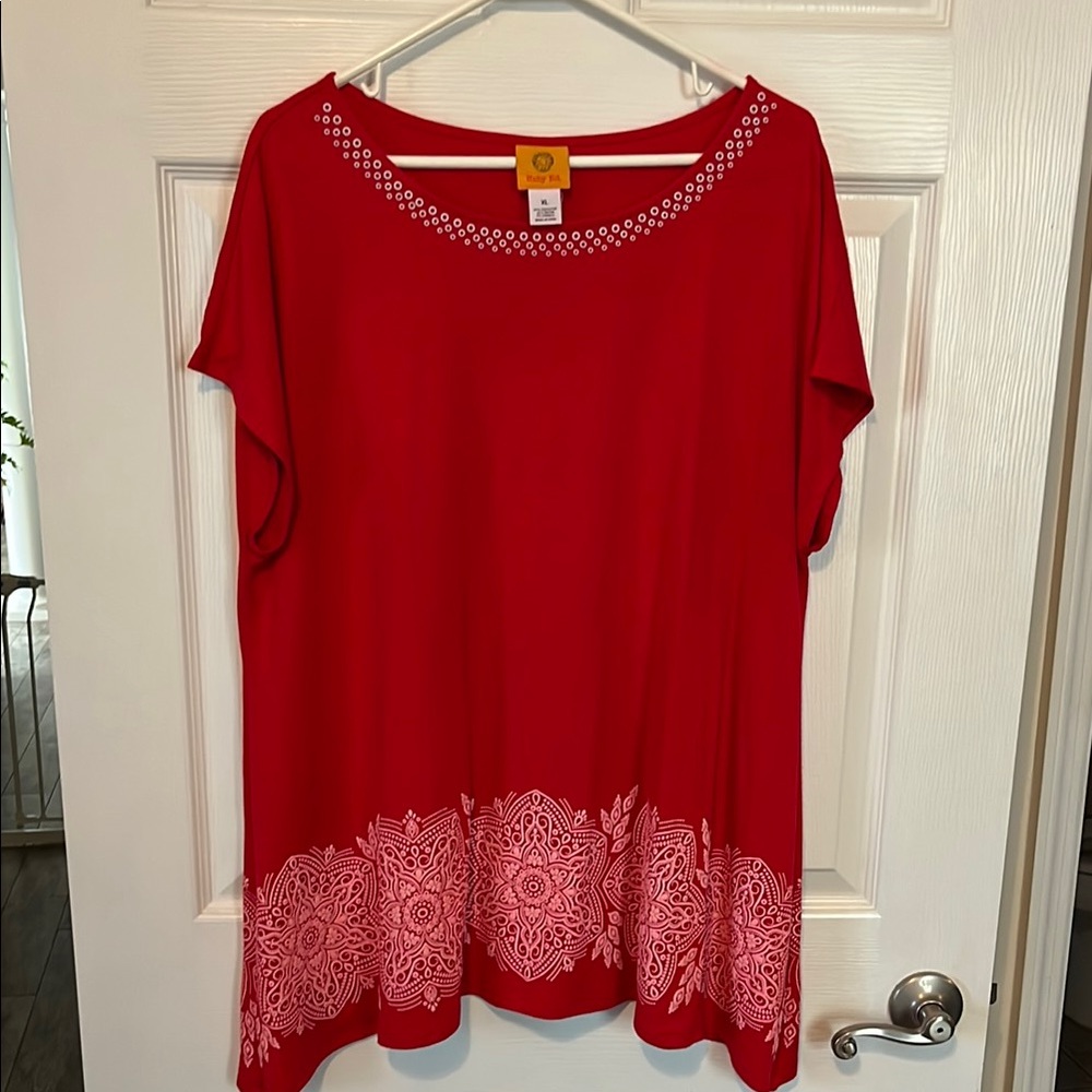 Ruby Rd Red and White Boxy Short Sleeve Blouse